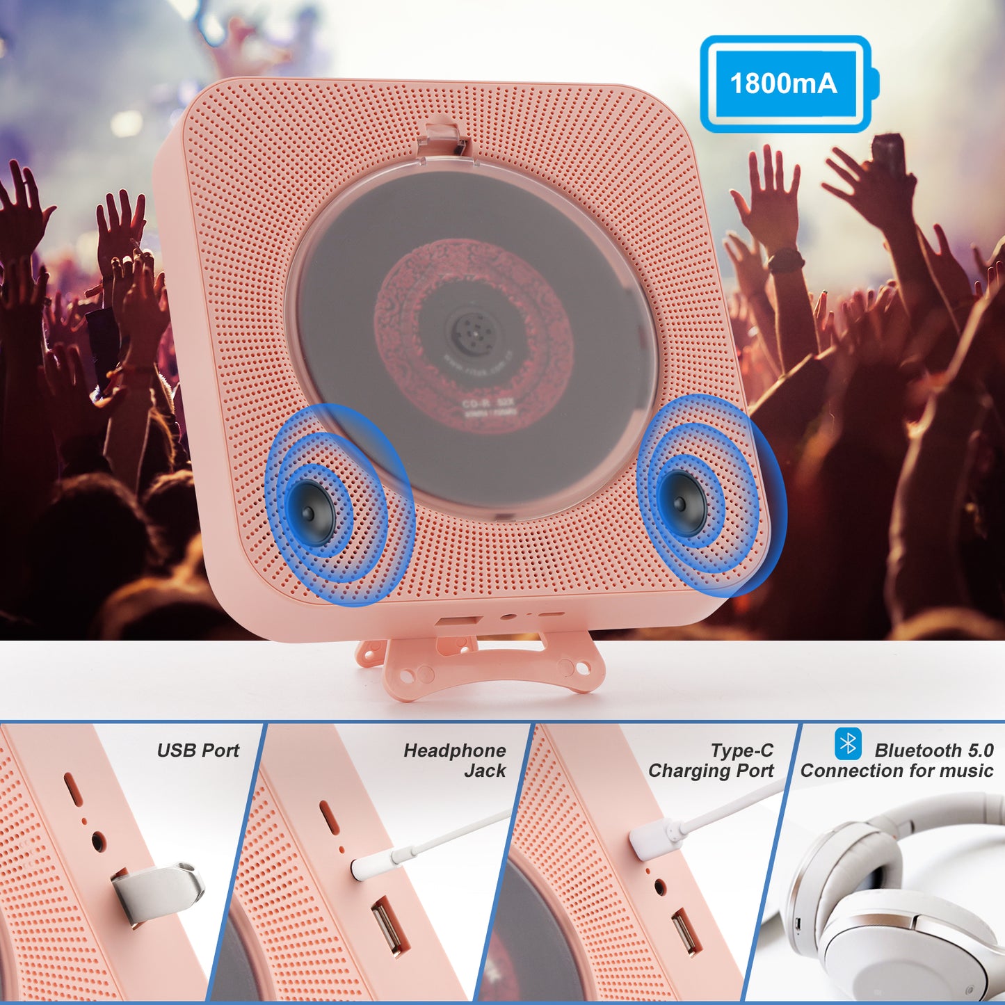 【Clearance Sale】Yintiny PINK CD Player With Speaker, Portable CD Player For Home Decor
