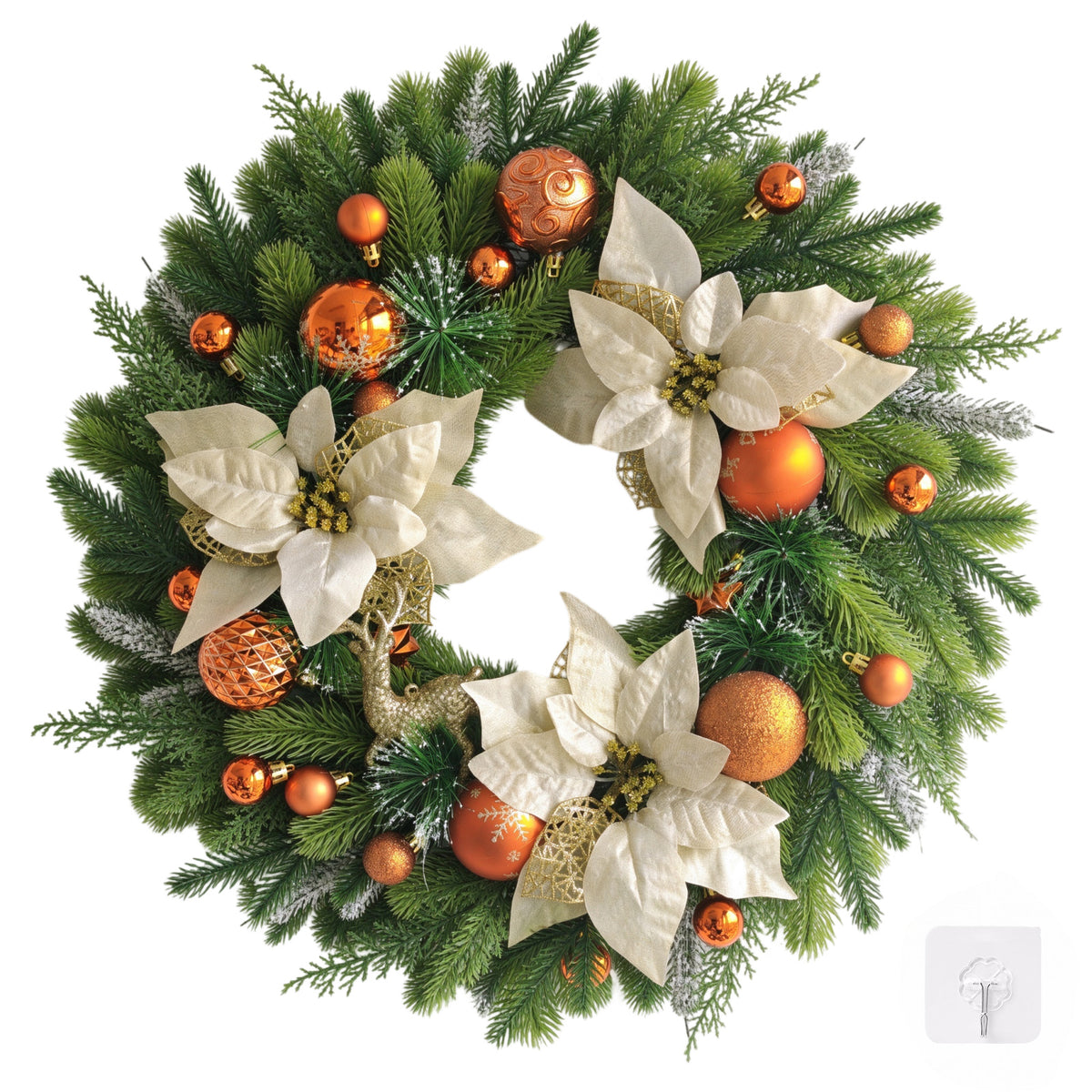 VOUKER 24 in Artificial Christmas Wreath with Cream Poinsettia Flowers, Bronze Orange Ornaments, Golden Reindeer,, Front Door Holiday Decoration