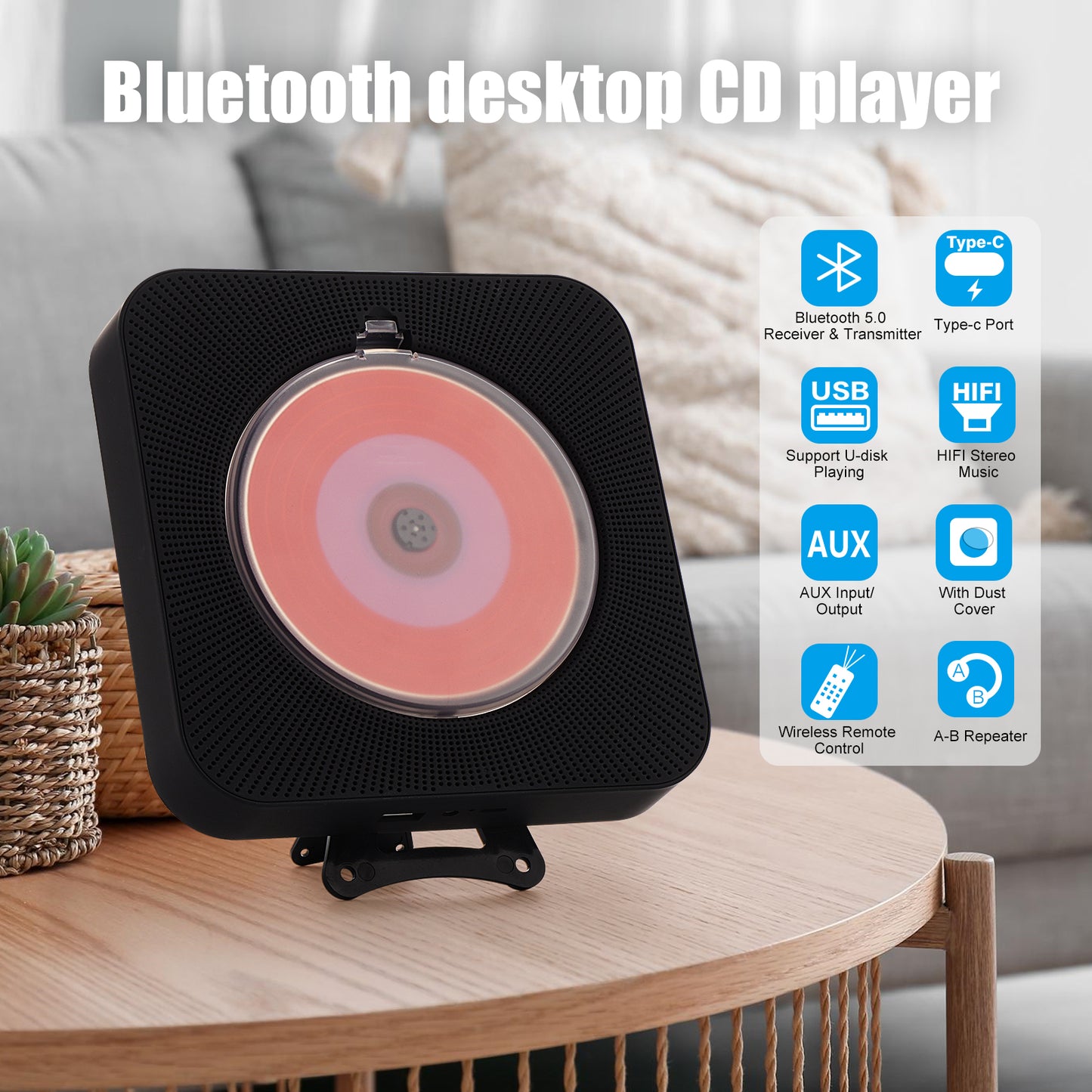 yingtiny BLACK CD プレーヤー、スピーカー付き、ポータブル CD プレーヤー、家の装飾用