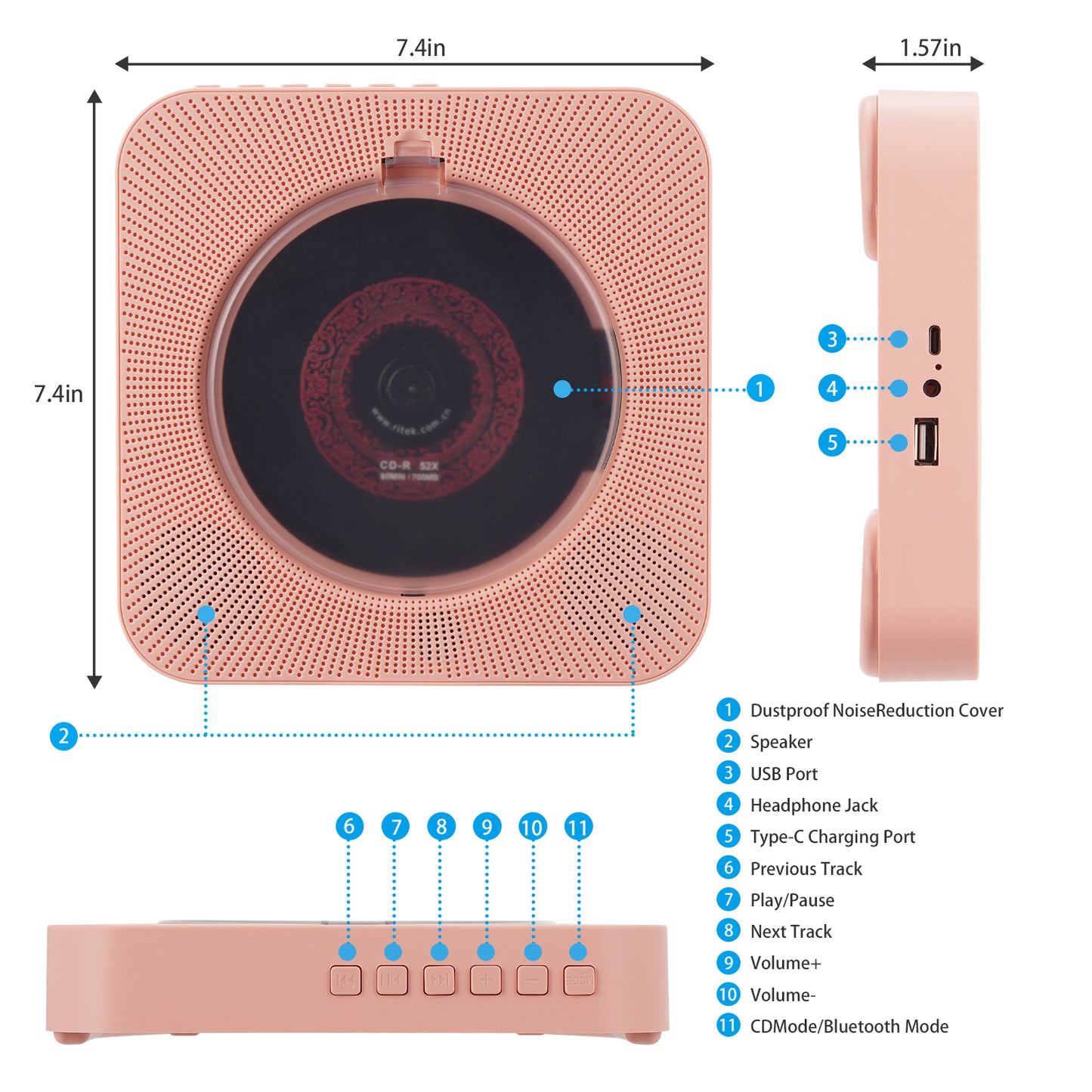 【Clearance Sale】Yintiny PINK CD Player With Speaker, Portable CD Player For Home Decor