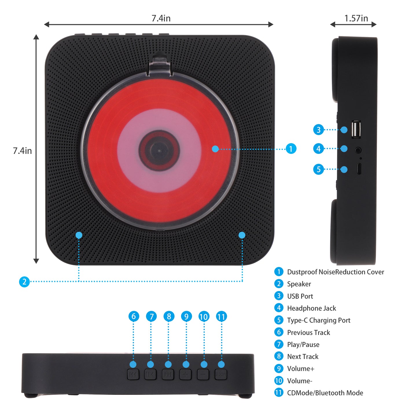 yingtiny BLACK CD プレーヤー、スピーカー付き、ポータブル CD プレーヤー、家の装飾用