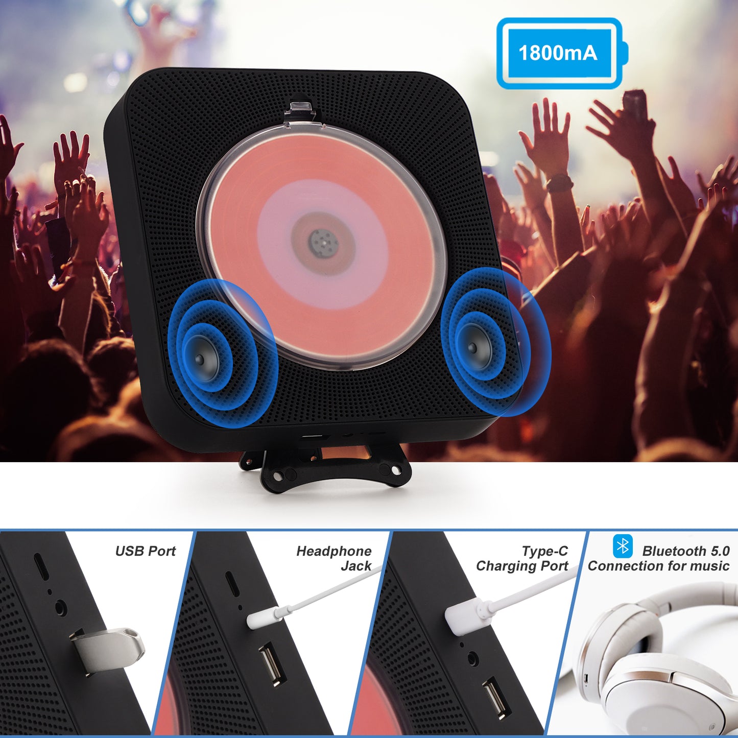 yingtiny BLACK CD プレーヤー、スピーカー付き、ポータブル CD プレーヤー、家の装飾用
