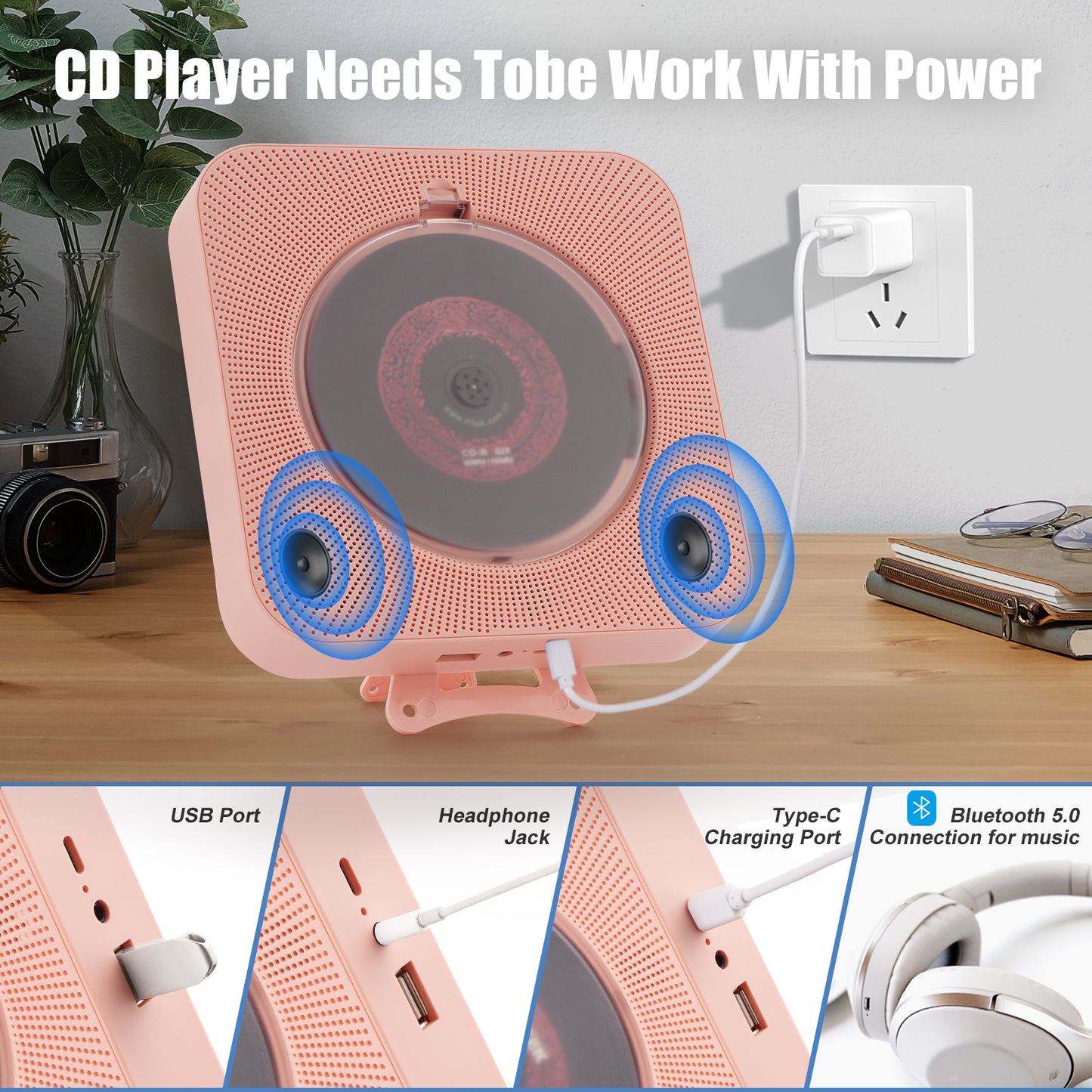 【Clearance Sale】Yintiny PINK CD Player With Speaker, Portable CD Player For Home Decor