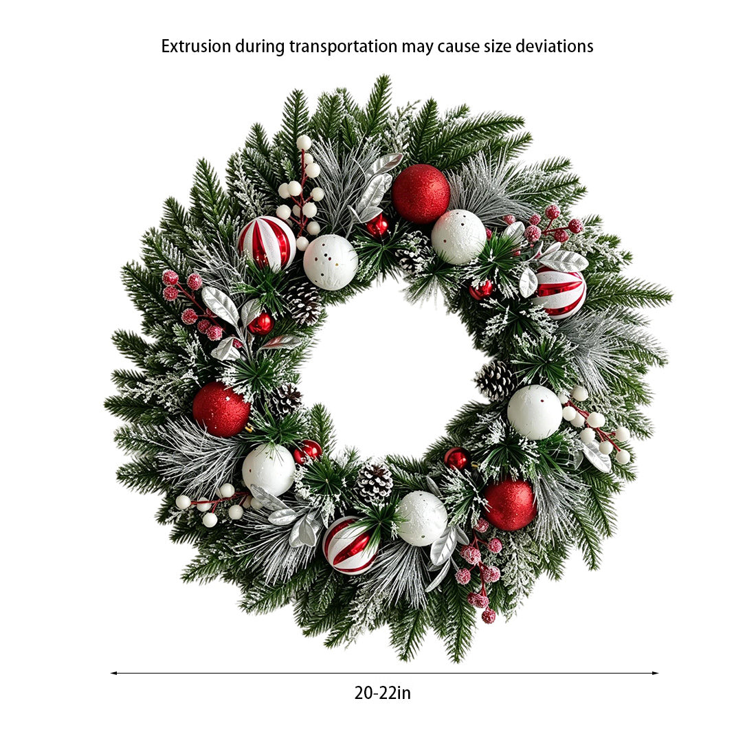 VOUKER 22 in Christmas Wreath, Artificial Winter Wreath with Candy‑Stripe Ornaments, Pine Cones, Berries & Silver Foliage, Xmas Holiday Wall Hanging Decor