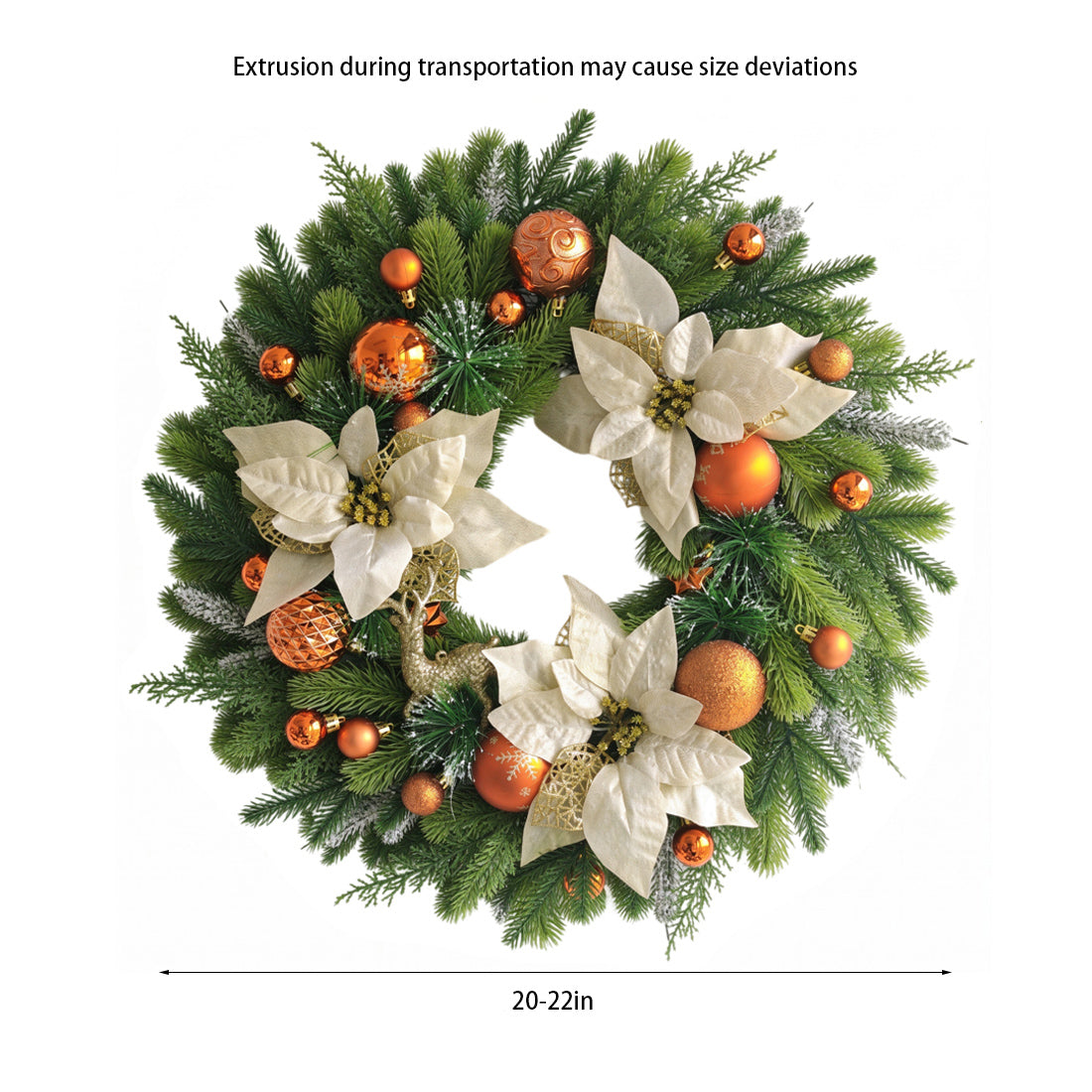 VOUKER 24 in Artificial Christmas Wreath with Cream Poinsettia Flowers, Bronze Orange Ornaments, Golden Reindeer,, Front Door Holiday Decoration