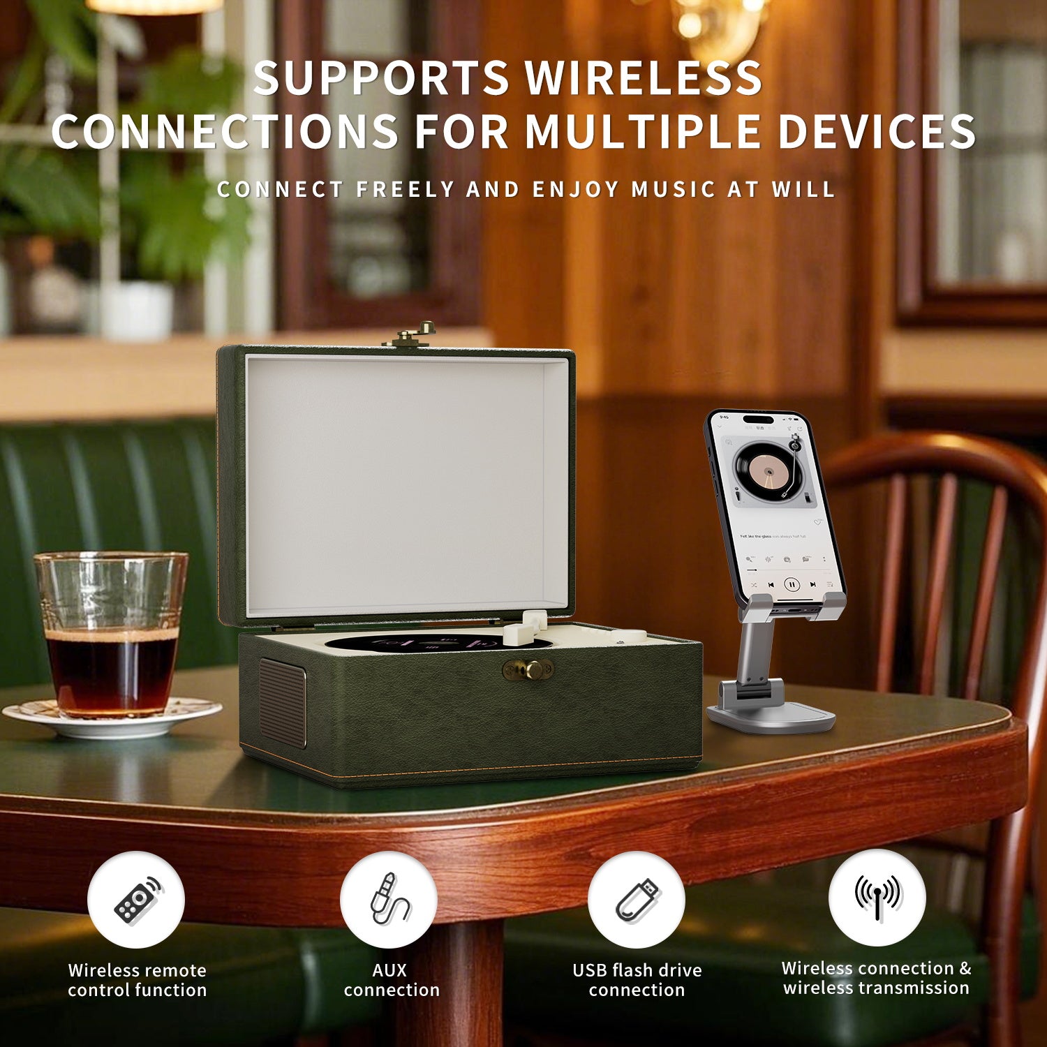 Vintage Leather CD Player - Portable CD Player with Built-in Speakers, Premium Sound Quality, Rechargeable Battery - Retro Bluetooth Music Player for Home, Office & Outdoor, GREEN