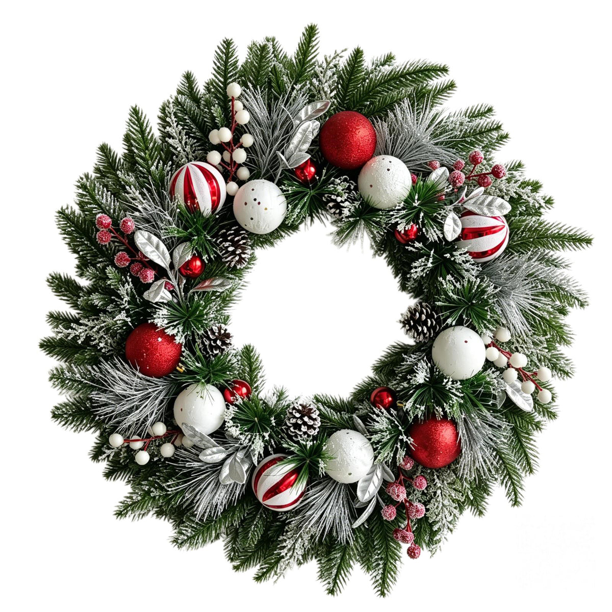 VOUKER 22 in Christmas Wreath, Artificial Winter Wreath with Candy‑Stripe Ornaments, Pine Cones, Berries & Silver Foliage, Xmas Holiday Wall Hanging Decor