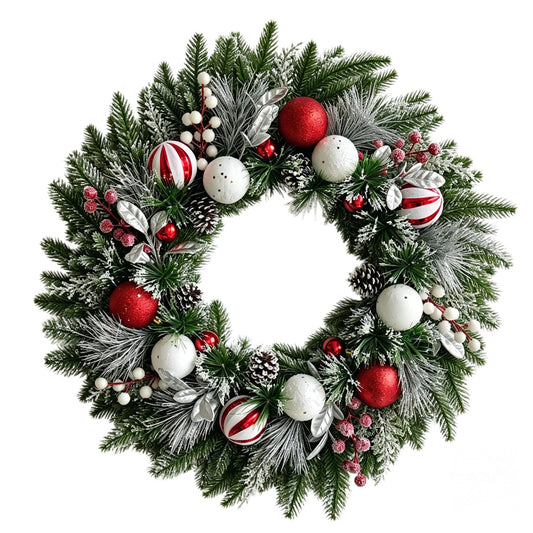VOUKER 22 in Christmas Wreath, Artificial Winter Wreath with Candy‑Stripe Ornaments, Pine Cones, Berries & Silver Foliage, Xmas Holiday Wall Hanging Decor