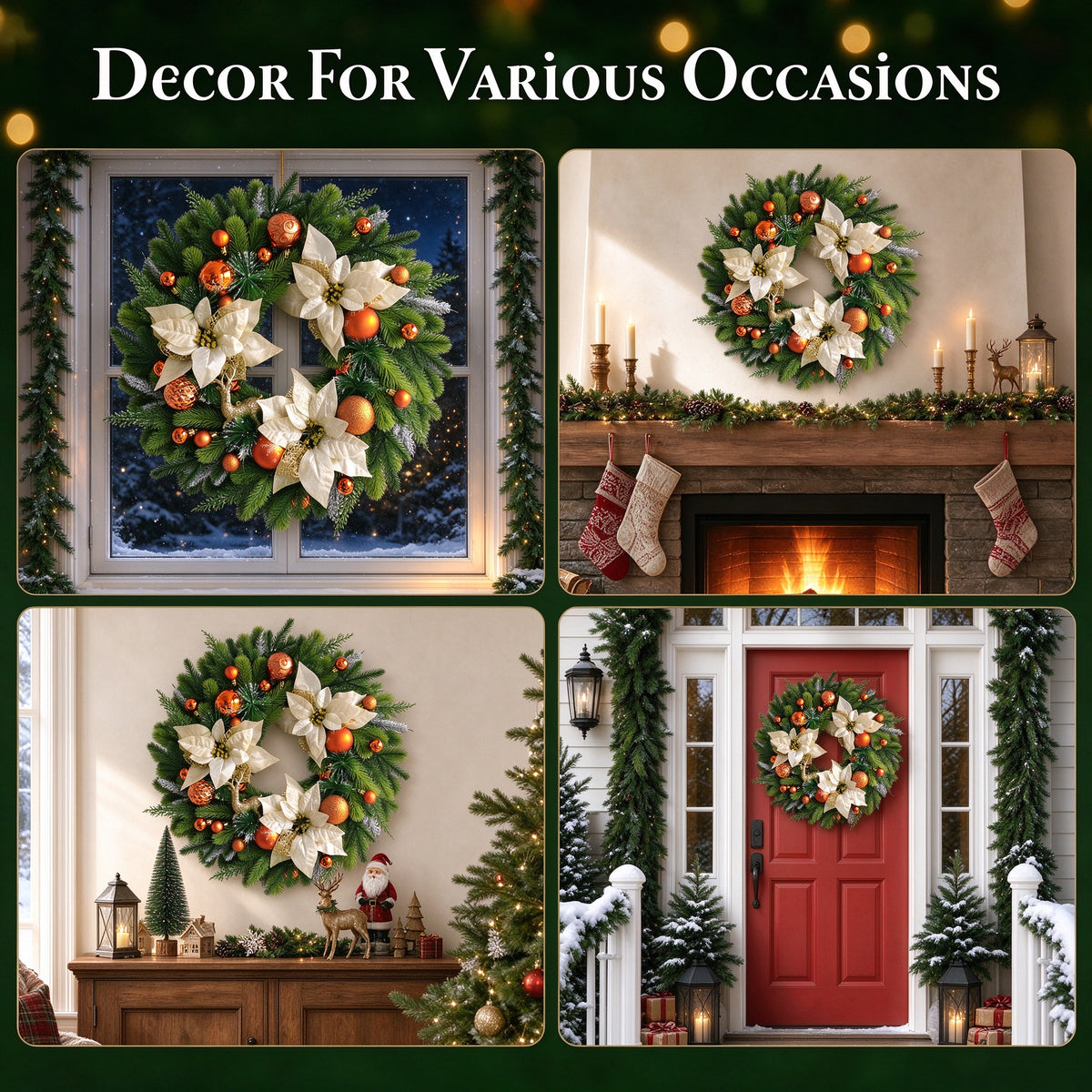 VOUKER 24 in Artificial Christmas Wreath with Cream Poinsettia Flowers, Bronze Orange Ornaments, Golden Reindeer,, Front Door Holiday Decoration