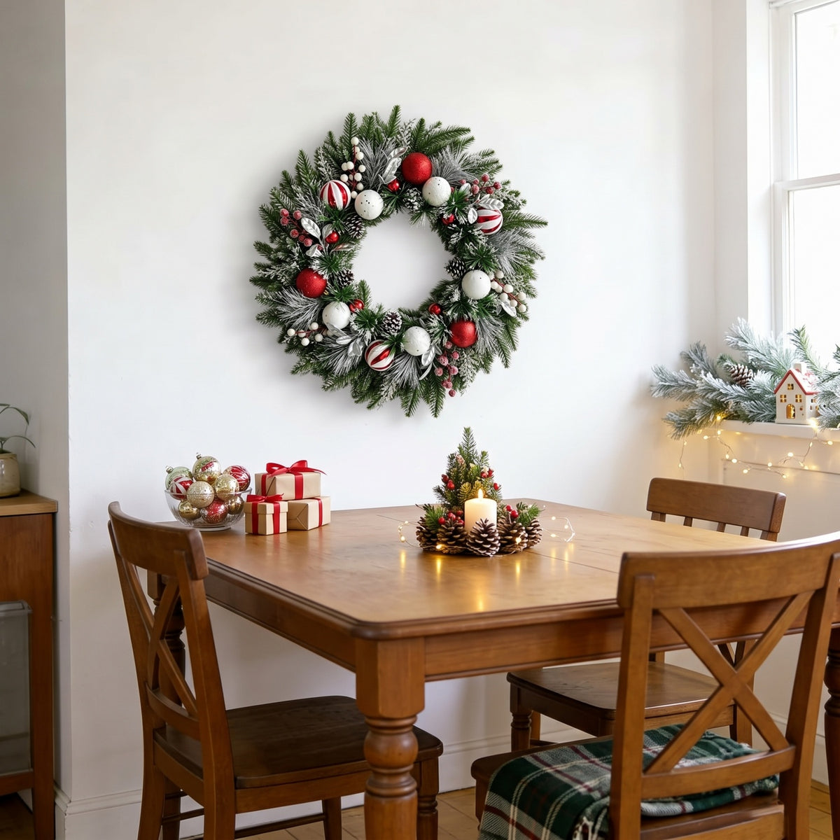 VOUKER 22 in Christmas Wreath, Artificial Winter Wreath with Candy‑Stripe Ornaments, Pine Cones, Berries & Silver Foliage, Xmas Holiday Wall Hanging Decor