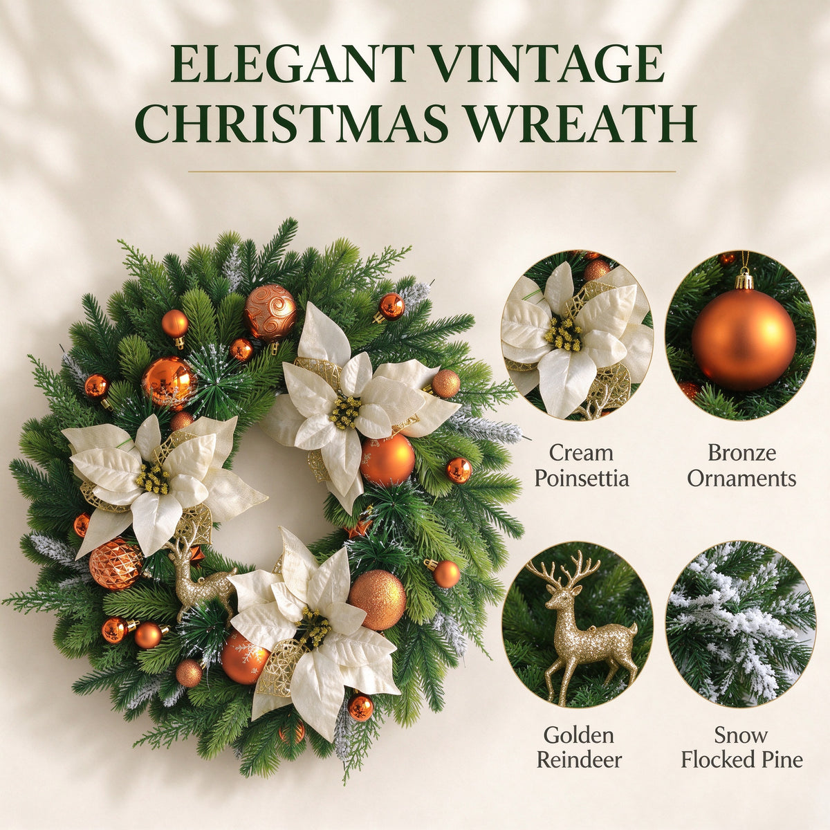 VOUKER 24 in Artificial Christmas Wreath with Cream Poinsettia Flowers, Bronze Orange Ornaments, Golden Reindeer,, Front Door Holiday Decoration