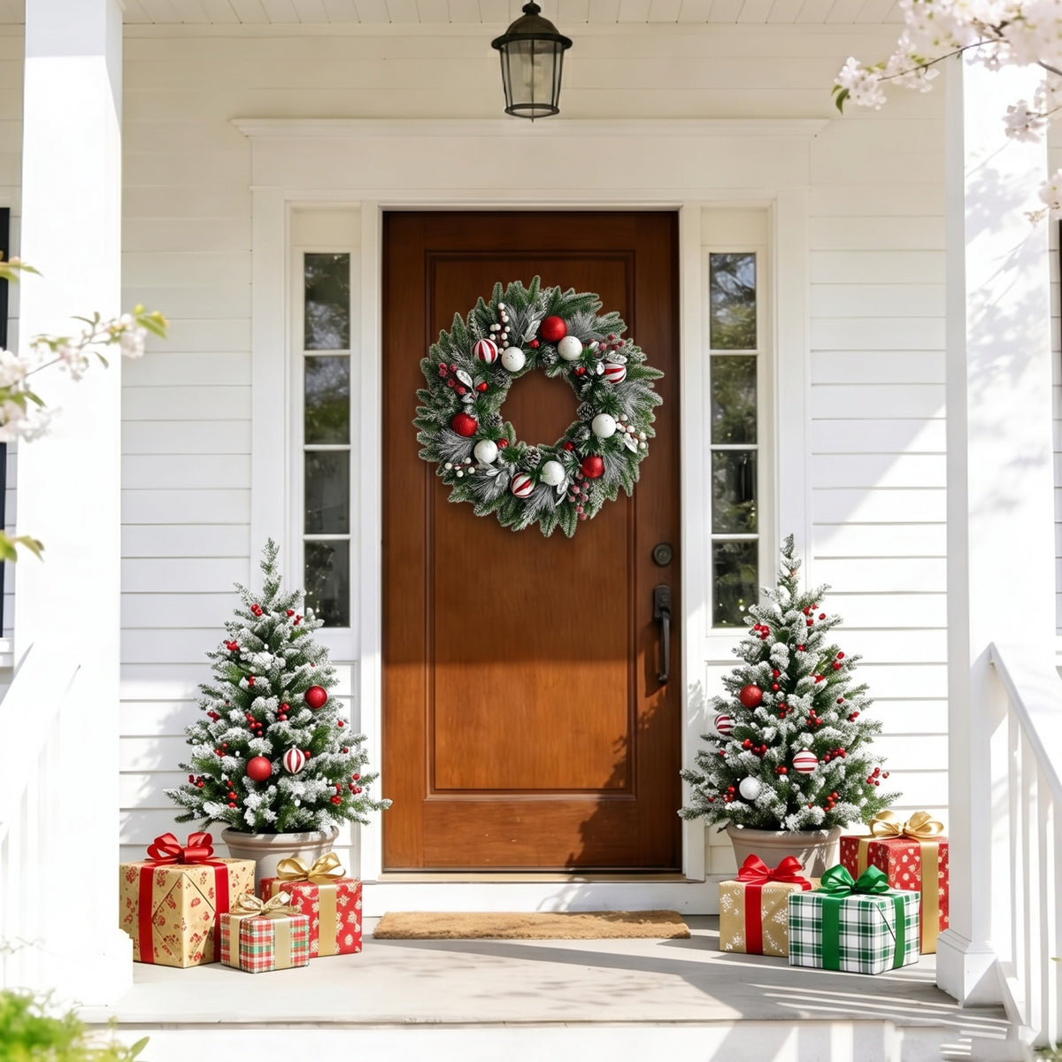 VOUKER 22 in Christmas Wreath, Artificial Winter Wreath with Candy‑Stripe Ornaments, Pine Cones, Berries & Silver Foliage, Xmas Holiday Wall Hanging Decor