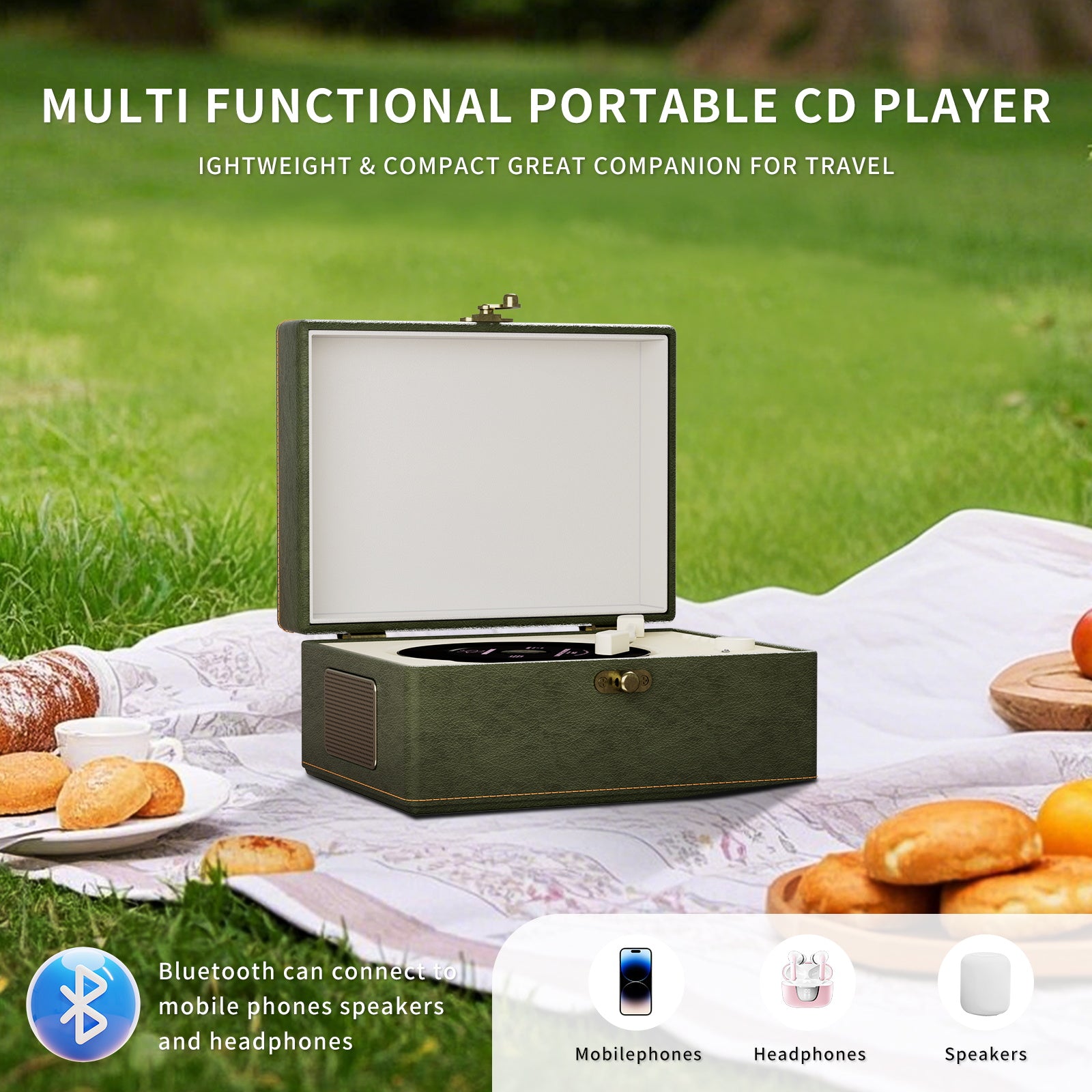 Vintage Leather CD Player - Portable CD Player with Built-in Speakers, Premium Sound Quality, Rechargeable Battery - Retro Bluetooth Music Player for Home, Office & Outdoor, GREEN