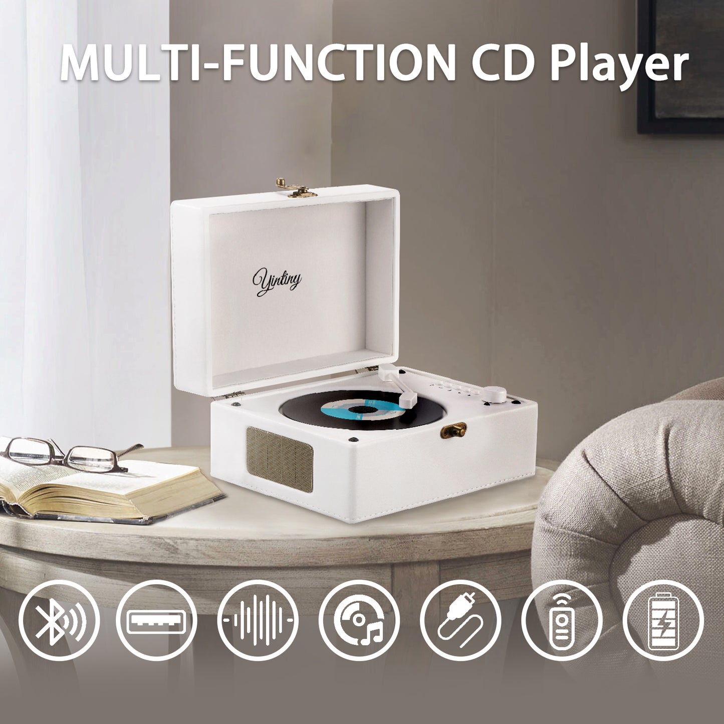Yintiny Rechargeable Leather CD Player with Speakers; Bluetooth Transmitter; Festival Gift; BGM Player for Home Decor