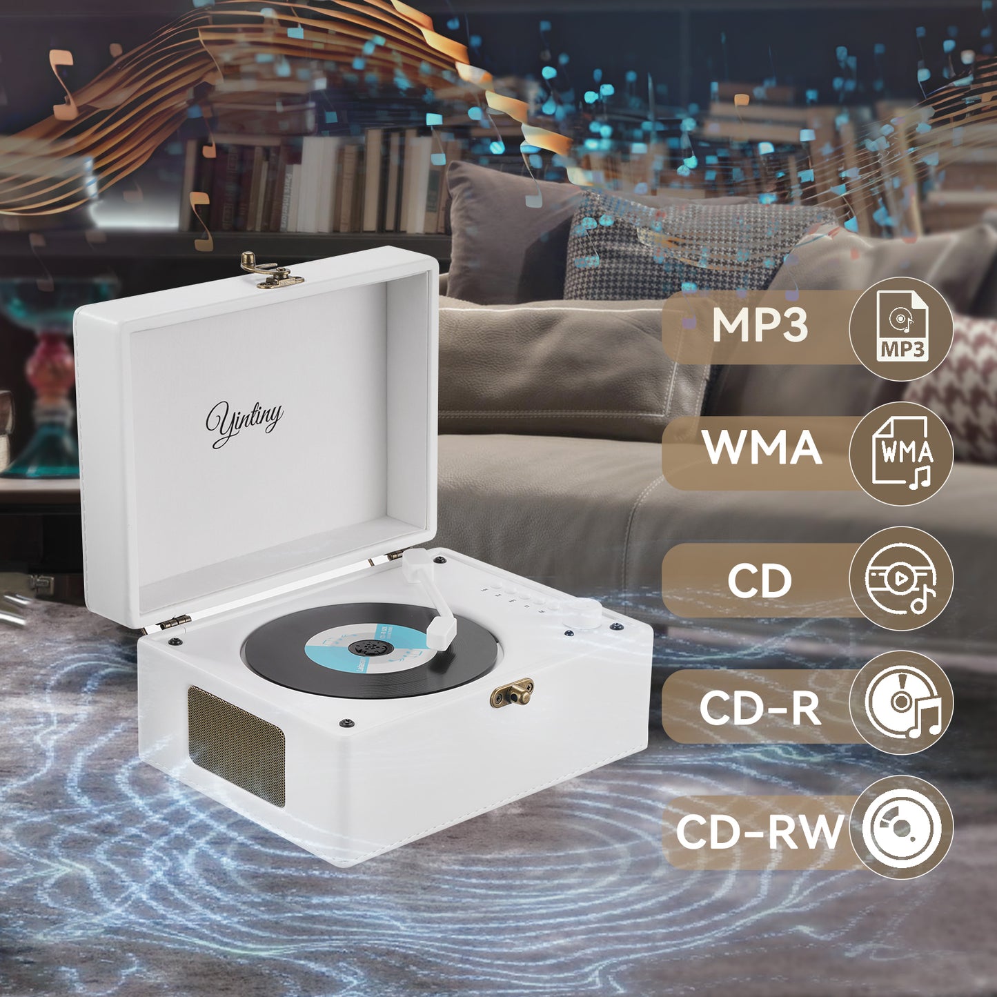 Yintiny Rechargeable Leather CD Player with Speakers; Bluetooth Transmitter; Festival Gift; BGM Player for Home Decor