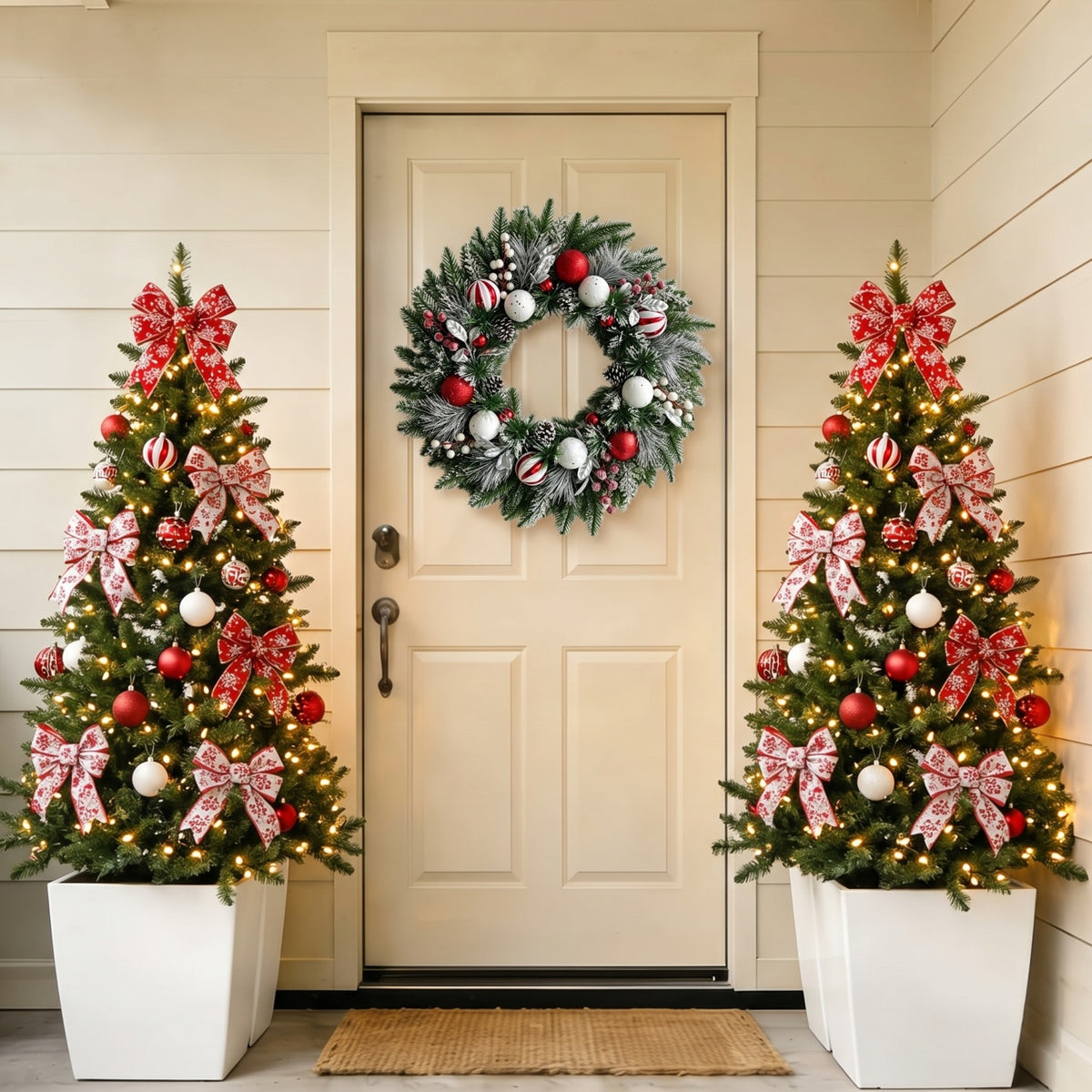 VOUKER 22 in Christmas Wreath, Artificial Winter Wreath with Candy‑Stripe Ornaments, Pine Cones, Berries & Silver Foliage, Xmas Holiday Wall Hanging Decor