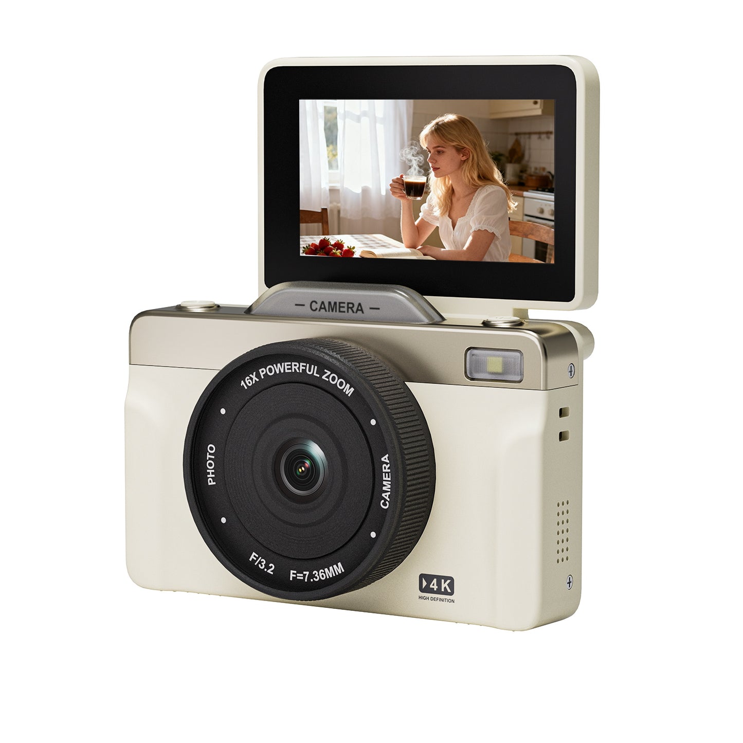 4K Digital Camera with 16X Zoom Anti Shake, 3" LCD 180° Flip Screen Compact Vlogging Camera with 32G SD-Card, White