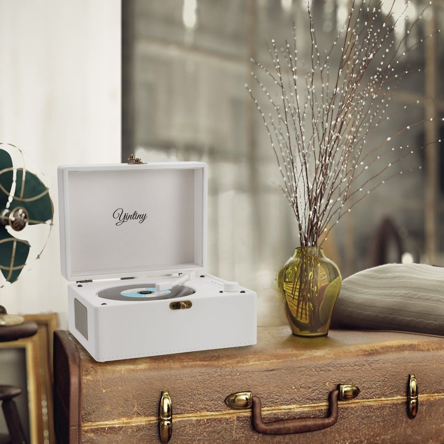 Yintiny Rechargeable Leather CD Player with Speakers; Bluetooth Transmitter; Festival Gift; BGM Player for Home Decor