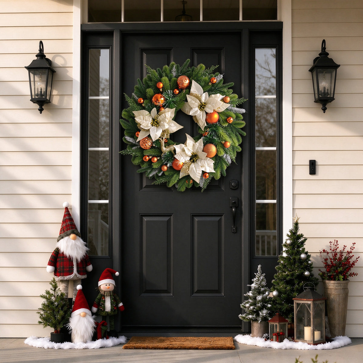VOUKER 24 in Artificial Christmas Wreath with Cream Poinsettia Flowers, Bronze Orange Ornaments, Golden Reindeer,, Front Door Holiday Decoration