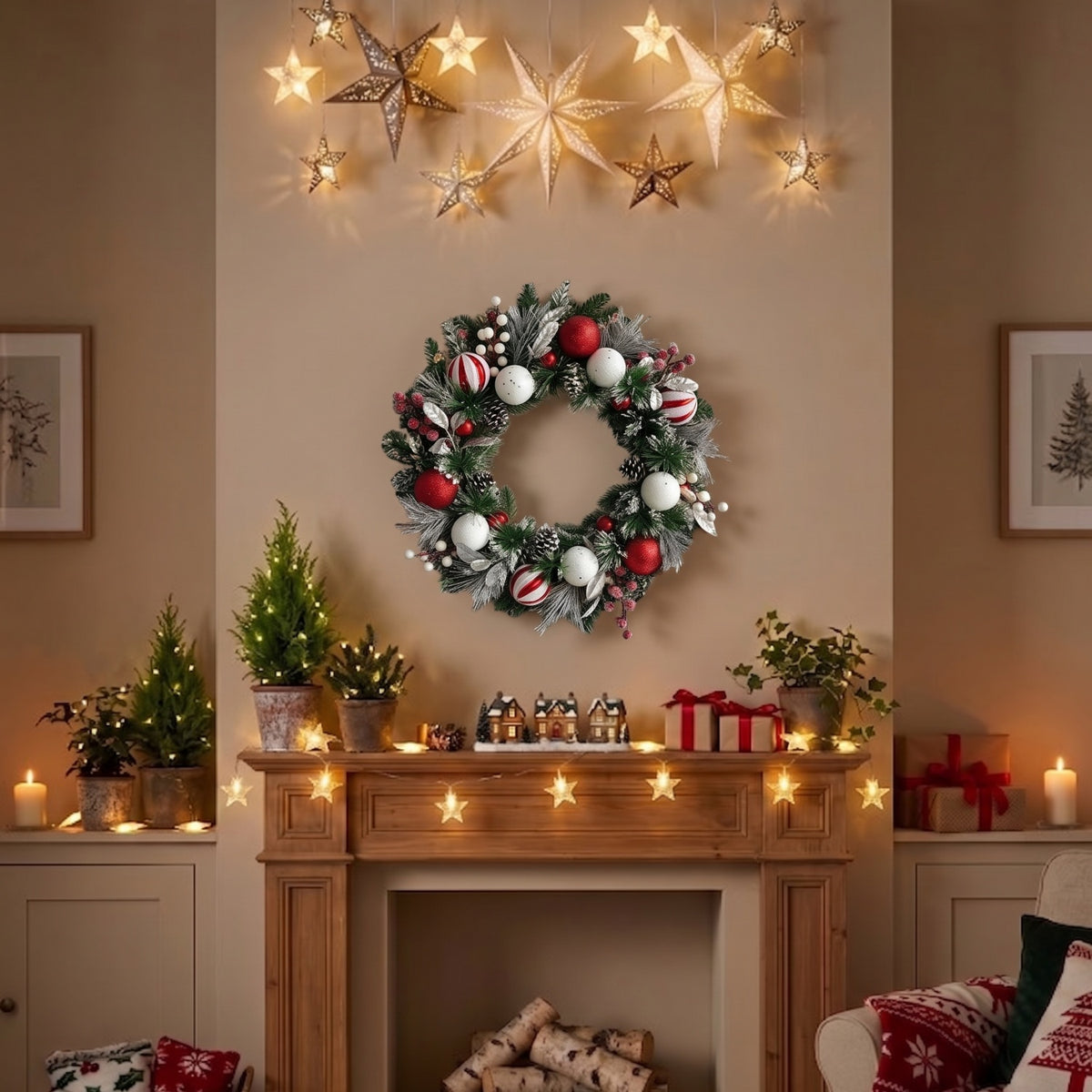 VOUKER 22 in Christmas Wreath, Artificial Winter Wreath with Candy‑Stripe Ornaments, Pine Cones, Berries & Silver Foliage, Xmas Holiday Wall Hanging Decor