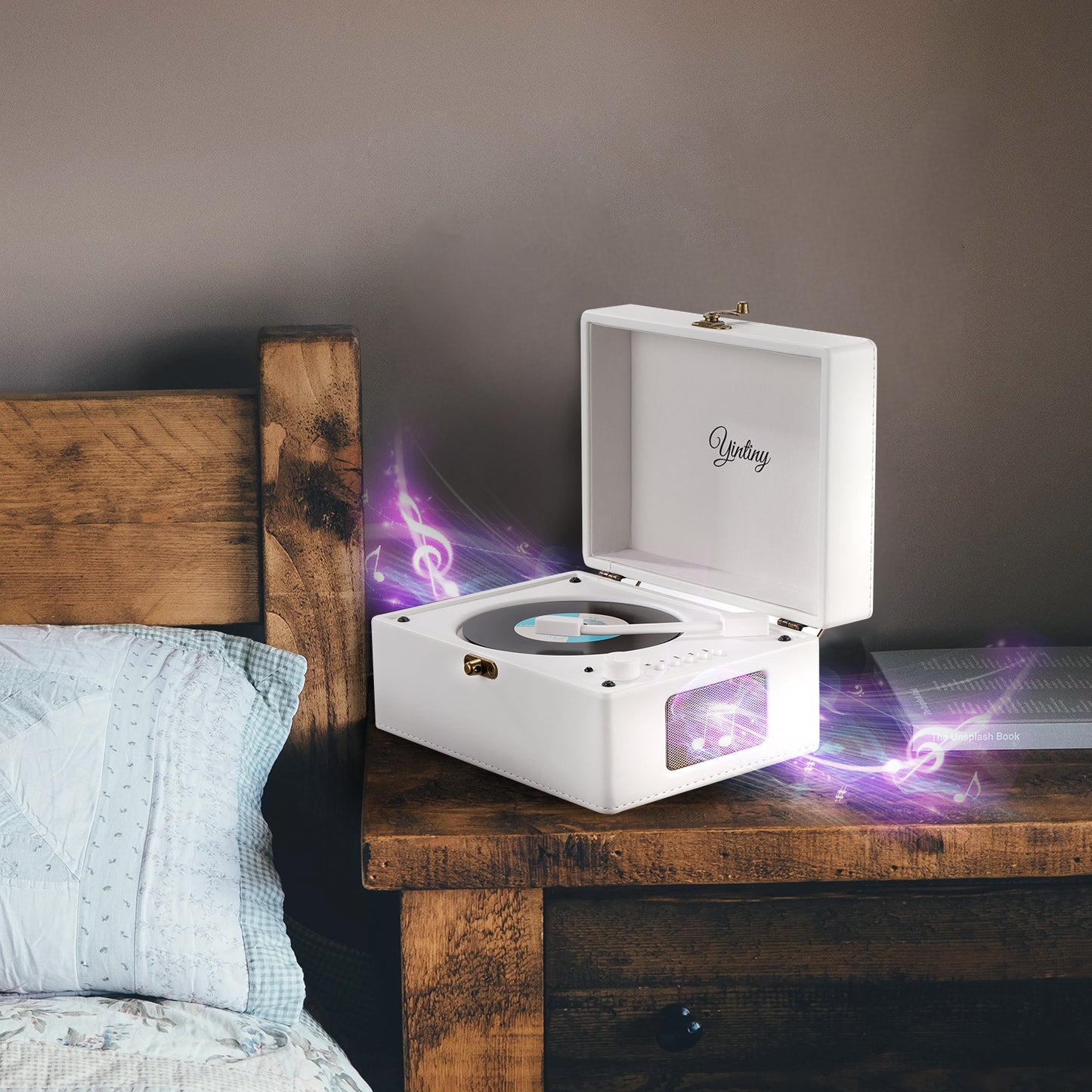 Yintiny Rechargeable Leather CD Player with Speakers; Bluetooth Transmitter; Festival Gift; BGM Player for Home Decor