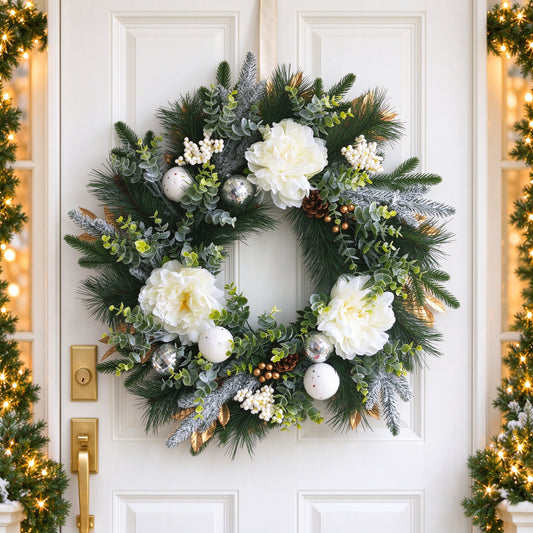 24 inch Winter Wreath for Front Door, Frosted Pine Christmas Wreath with Peony, Eucalyptus, Pinecones and Disco Ball Ornaments, Holiday Decor