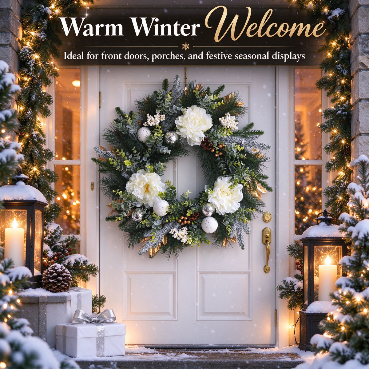 24 inch Winter Wreath for Front Door, Frosted Pine Christmas Wreath with Peony, Eucalyptus, Pinecones and Disco Ball Ornaments, Holiday Decor