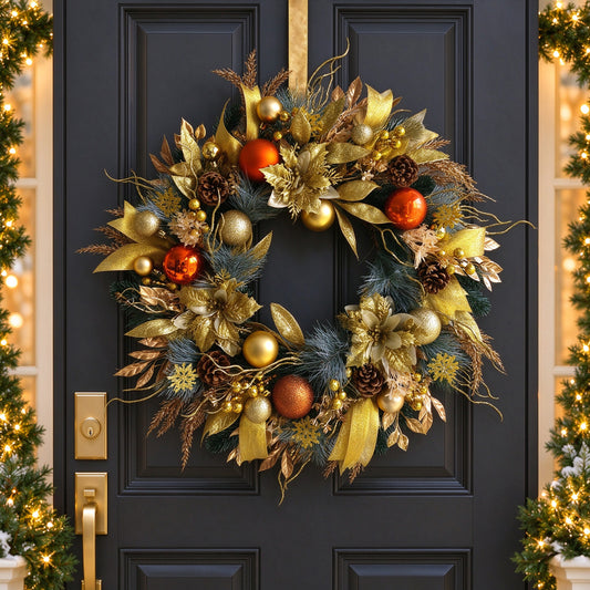 24 Inch Gold Artificial Pine Christmas Wreath for Front Door , Gold Ornaments, Pinecones, Berries and Decorative Leaves, Christmas Door Decoration