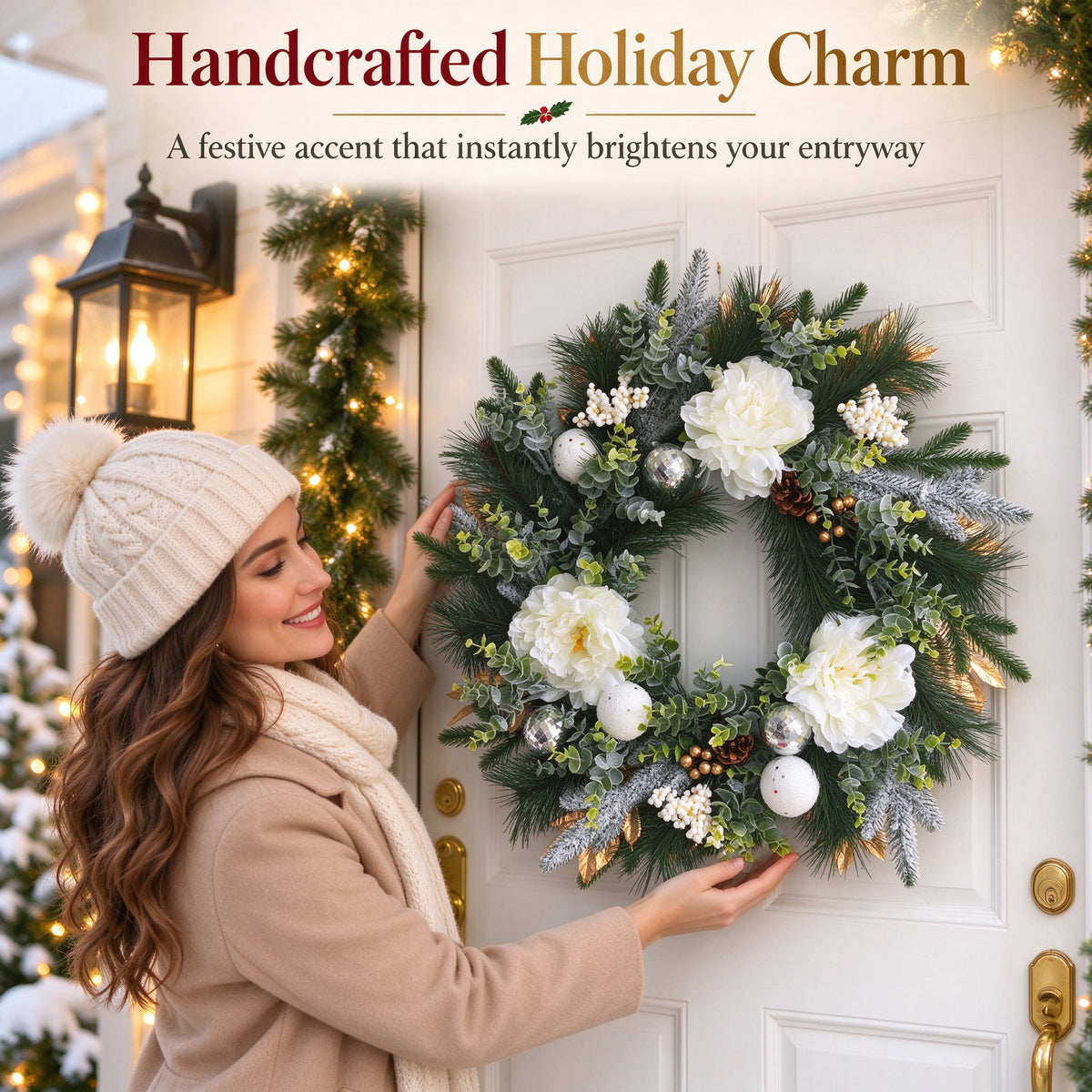 24 inch Winter Wreath for Front Door, Frosted Pine Christmas Wreath with Peony, Eucalyptus, Pinecones and Disco Ball Ornaments, Holiday Decor