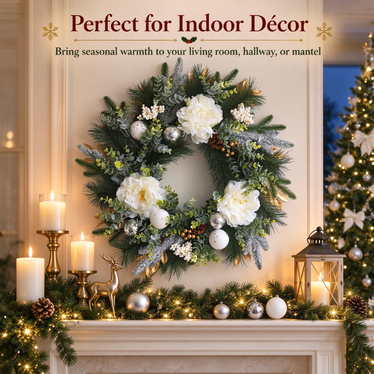 24 inch Winter Wreath for Front Door, Frosted Pine Christmas Wreath with Peony, Eucalyptus, Pinecones and Disco Ball Ornaments, Holiday Decor