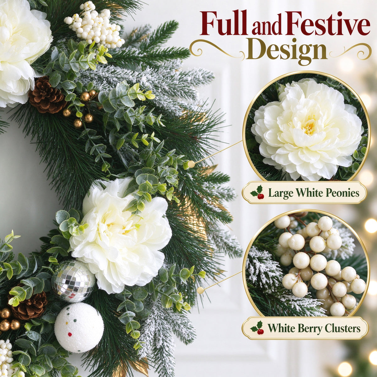 24 inch Winter Wreath for Front Door, Frosted Pine Christmas Wreath with Peony, Eucalyptus, Pinecones and Disco Ball Ornaments, Holiday Decor