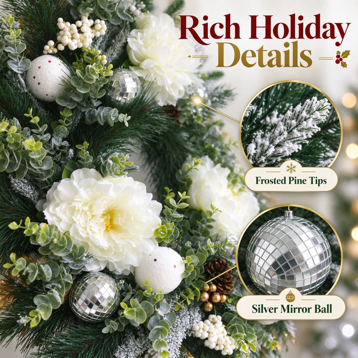 24 inch Winter Wreath for Front Door, Frosted Pine Christmas Wreath with Peony, Eucalyptus, Pinecones and Disco Ball Ornaments, Holiday Decor