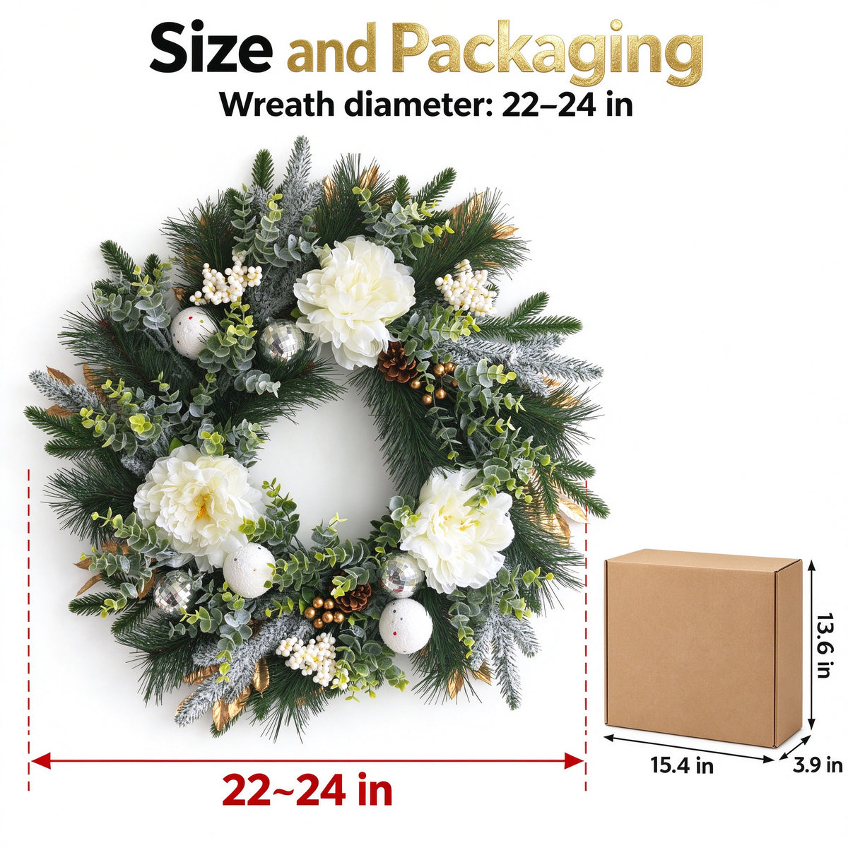 24 inch Winter Wreath for Front Door, Frosted Pine Christmas Wreath with Peony, Eucalyptus, Pinecones and Disco Ball Ornaments, Holiday Decor