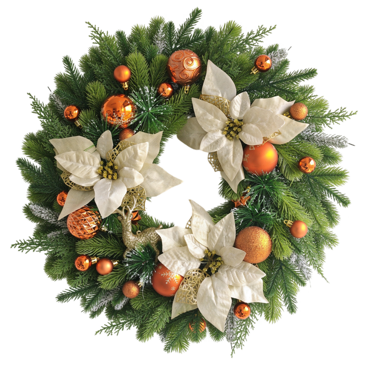 VOUKER 24 in Artificial Christmas Wreath with Cream Poinsettia Flowers, Bronze Orange Ornaments, Golden Reindeer,, Front Door Holiday Decoration
